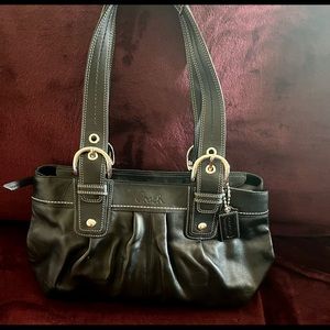 Coach Genuine leather bag/purse in black with white stitching & silver hardware.